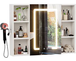 Badkamerspiegel-Bathroom Mirror Cabinet with Lighting Wall-Mounted Bathroom Cabinet Wood Anti-Fog Mirror Cabinet with Hair Dryer Holder Touch-Screen 3-Color LED Light Storage Cabinet for Toiletries EU Plug White