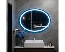 Badkamerspiegel - LED-badkamerspiegel - Afmetingen: 60 × 80 × 3 cm - Ovale spiegel met geïntegreerde verlichting - Driekleurige instelbare LED-verlichting Geschikt voor badkamer-kleedruimtes en douchecabines
