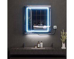 Badkamerspiegel - LED badkamerspiegelkast - 3 instelbare lichtkleuren - 10x vergrotende spiegel - 40 cm sensorlamp - Houten wandkast met drie niveaus - Met spiegel - Geschikt voor badkamers en woningen - Witte badkamerspiegel