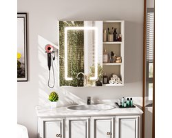 Badkamerspiegel-LED Bathroom Mirror Cabinet - Wall-mounted Mirror Cabinet - Adjustable Touch LED Lighting - Hair Dryer Holder - Wooden Cabinet - Anti-fog Mirror - Bathroom Storage Cabinet - European Standard Plug - White