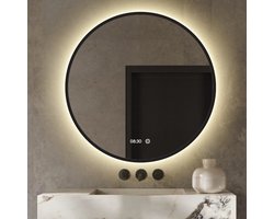 Badkamerspiegel Met Digitale Klok - Rond 60 cm Met Verlichting en Verwarming - Mat Zwart Metalen Rand