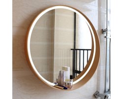 Badkamerspiegel met LED - Verlichte spiegel - Make-up aanbrengen - Houten frame - 50 cm 60 cm 70 cm - Houtkleur