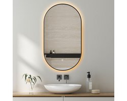 Badkamerspiegel met LED Verlichting en Verwarming 40x75cm - Afimona Ellips - Zwart - Wandspiegel Ovaal - Touch Bediening - Dimbaar - Aanpasbare Lichtkleur