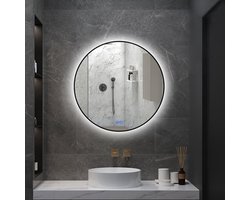 Badkamerspiegel met LED verlichting en Verwarming - Zwarte Rand - 3 LED standen - 80 x 80 CM - Ronde Spiegel - Dimbaar