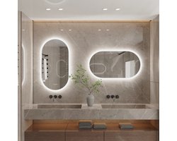 Badkamerspiegel met LED Verlichting, Ovale Frameloze Wandspiegel met Make-upverlichting en Anti-Condensfunctie