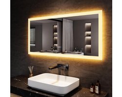 Badkamerspiegel met verlichting, 120 x 60 cm, 3 instelbare lichtkleuren, anti-condens, led-badkamerspiegel, lichtspiegel, wandspiegel met aanraakschakelaar, klok, temperatuur