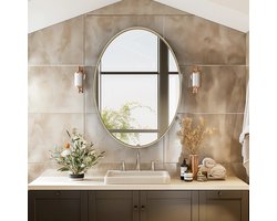 Badkamerspiegel - Ovale Gouden - Wandspiegel – Luxe Goudkleurige Spiegel - met Metalen Frame - Eenvoudige Wandmontage - Geel