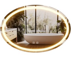 Badkamerspiegel - Ovale LED-badkamerspiegel met anticondens, dimbare driekleurige verlichting, bediening via aanraakscherm, 5 mm glas, wandmontage, geschikt voor badkamers, kleedruimtes en douchecabines
