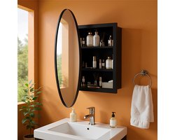 Badkamerspiegel - Zwart badkamermeubel - Rond badkamermeubel met spiegel - Badkamermeubel met één deur - Wandgemonteerd badkamermeubel - Verstelbare planken - 61x61x19 cm