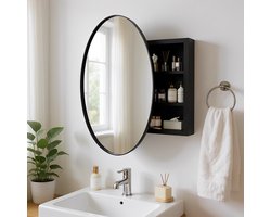 Badkamerspiegel -Zwarte Ronde spiegelkast Diameter 52 cm x hoogte 12,5 cm Badkamerkast met één deur voor wandmontage Opbergmeubel Voorgemonteerd met verstelbare planken