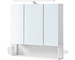 Badkamerspiegelkast 14,5 x 70 x 70 cm Wit, Wandkast met 3 Deuren, Spiegel en LED-Verlichting, Badkamer Opbergkast met Verstelbare Plank, Opbergmand en Föhnhouder, Badkamermeubel, Spiegelkast, Wandmeubel