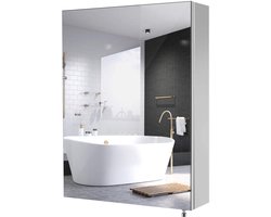 Badkamerspiegelkast 45 x 60 x 13 cm grijs roestvrij staal IP44 waterdicht voorgemonteerd 3 compartimenten badkamerkast hangende spiegel HMTM-020