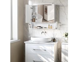 Badkamerspiegelkast met LED Verlichting 14.5x70x70 cm – Wandkast met Spiegeldeuren, Föhnhouder, Hangmandje & Open Opbergvak – Moderne Badkamerkast met Stekker – Wolkenwit