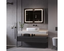 Badkamerspiegelkast met spiegel en plank, LED-verlichting badkamerkast, 80x13,5x60cm, wandkast met dubbele deur, spiegelkast, wit