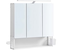 Badkamerspiegelkast Wandkast 3-deurs 14,5x70x70 cm Wit met LED-verlichting, Opbergmand, Föhnhouder en Verstelbare Plank, Stevig Frame, Modern Minimalistisch, Voor Badkamer