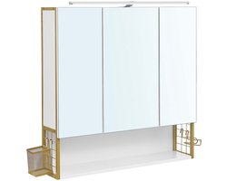 Badkamerspiegelkast Wandkast 3-deurs 14,5x70x70 cm Wit+goud met LED-verlichting, Opbergmand, Föhnhouder en Verstelbare Plank, Stevig Frame, Modern Minimalistisch, Voor Badkamer