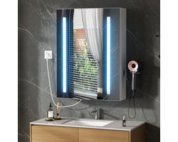 Badkamerspiegelkast - Wandkast met geïntegreerde verlichting Dimbare LED-verlichting Verstelbare legplanken Houten opbergvak Condensvrije spiegel Haardrogerhouder Wit
