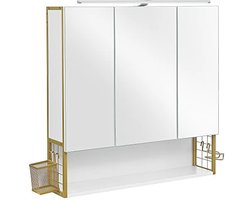 Badkamerspiegelkast, Wandkast met LED-licht, 3-deurs kleerkast met verstelbare plank, Haardrogerhouder, Opbergmandje, Moderne chique stijl, wit en goud