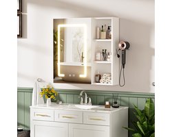 Badkamerspiegelkast - Witte kast, wandmontage, voorzien van touchscreen, driekleurige, instelbare ledverlichting, anti-condensfunctie en föhnhouder; 60x15x60 cm