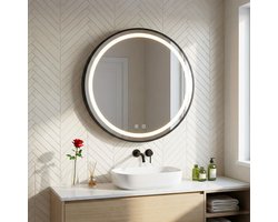 Badkamerspiegelkast - Zwarte spiegelkast - Ronde badkamerkast met spiegel en verlichting, 60 x 60 x 15 cm, dimbare verlichting met drie kleurtemperaturen, 10x vergrotende spiegel, anti-condensfunctie.