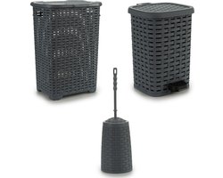 Badkamer/toilet accessoires set van kunststof 3-delig grijs - Wasmanden/pedaalemmers/toiletborstels