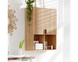 Badkamerwandkast - Houten wandgemonteerde medicijnkast met 2 geribbelde deuren - Open vakken en verstelbare plank - Opbergmeubel boven het toilet voor de woonkamer, badkamer en keuken - 75×60×20 cm - Natuurkleur
