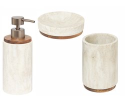 Badkamer/WC Setje 3-Delig – Zeepbakje, Tandenborstelhouder & Zeeppompje – Marmereffect Beige/Wit – Polyresin Kunststeen