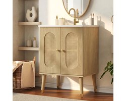 Badkast Waschtischkommode 61 cm - Rattan deuren - Opbergruimte - Vaste planken - Keramiek wastafel - Soft-close functie - Natuurlijk hout - Goudkleurige poten