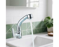 Badkraan met uitrekbare douchette en 2 waterstromen, voor badkamer of wastafel, warm en koud afstelbaar mengkraan, gecromd‌