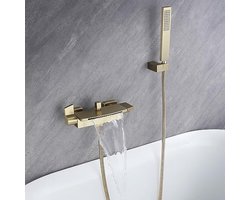 Badkraan - Wandgemonteerde Badkraan Waterval Uitloop - Gezond Koperen Badkamerkraan met Keramische Klep - Snel Bad Vullen - Warm en Koud Water Mengkraan - Geborsteld Goud