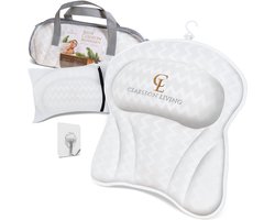 Badkussen Claessonliving (41x41cm) - Badkussen met Hoofdsteun ondersteunt Nek, Rug en Hoofd - Nekkussen met 6 sterke Zuignappen voor fixatie - Badkussens worden geleverd met Was- en Reistassen - Wit