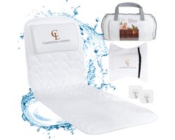 Badkussen voor het hele lichaam (125x43cm) Claessonliving – Badkussens met Hoofdsteun met 12 Zuignappen – Ondersteunt Hoofd, Nek, Rug en Benen – Inbegrepen: Badmatras, Reistas en 2 Ophanghaken - Wit