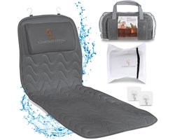 Badkussen voor het hele lichaam (125x43cm) Claessonliving – Badkussens met Hoofdsteun met 12 Zuignappen – Ondersteunt Hoofd, Nek, Rug en Benen – Inbegrepen: Badmatras, Reistas en 2 Ophanghaken - Grijs