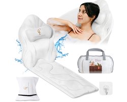 Badkussen voor het hele lichaam (126x41cm) Claessonliving – Badkussens met Hoofdsteun (13 cm dik) met 12 Zuignappen – Ondersteunt Hoofd, Nek, Rug en Benen – Incl.: Kussen, Reistas en Ophanghaak - Wit