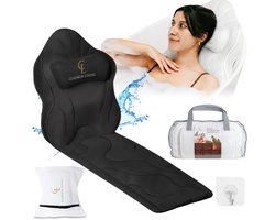 Badkussen voor het hele lichaam (126x41cm) Claessonliving – Badkussens met Hoofdsteun (13 cm dik) met 12 Zuignappen – Ondersteunt Hoofd, Nek, Rug en Benen – Incl.: Kussen, Reistas, Ophanghaak - Zwart