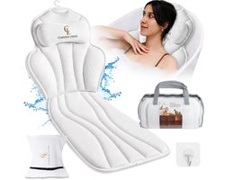 Badkussen voor het hele lichaam (152x56cm) Claessonliving – Badkussens met Hoofdsteun (11 cm dik) met 12 Zuignappen – Ondersteunt Hoofd, Nek, Rug en Benen – Incl.: Kussen, Reistas en Ophanghaak - Wit