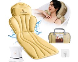 Badkussen voor het hele lichaam (152x56cm) Claessonliving – Badkussens met Hoofdsteun (11 cm dik) met 12 Zuignappen – Ondersteunt Hoofd, Nek, Rug en Benen – Incl.: Kussen, Reistas, Ophanghaak - Zand
