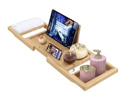 Badlader, bamboe houten badkuip plank plank met ingebouwde houder voor boek iPad tablet telefoon glazen kaars, verstelbare bad caddy brug past op de meeste