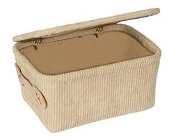 Badmand met deksel van zachte ribbelvelours en faux leren handvat - 19 x 10 x 14 cm - Beige