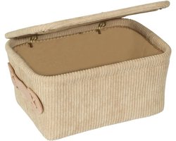 Badmand met deksel van zachte ribbelvelours en faux leren handvat - 19 x 10 x 14 cm - Beige