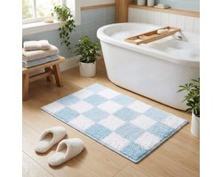 Badmat 40x60 cm geruite blauwe badkamermat antislip badkamermatten wasbaar, super absorberend badmat, pluche zachte badmatten voor vloer decoratief