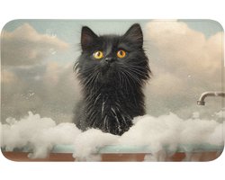 Badmat 80x50 cm - Antislip - Kat - Bad - Zwart - Dieren - Schuim - Badmatten voor badkamer - Badkamermat - Douchemat - Badkamer mat