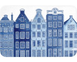 Badmat 90x60 cm - Antislip - Aquarel - Grachtenpanden - Delfts - Blauw - Badmatten voor badkamer - Badkamermat - Douchemat - Badkamer mat