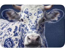 Badmat 90x60 cm - Antislip - Koe - Delfts - Blauw - Artistiek - Badmatten voor badkamer - Badkamermat - Douchemat - Badkamer mat