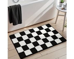 Badmat – Anti-slip – Zwart/Wit Geblokt – 90×50 cm – Sneldrogend – Superzacht – Modern Design
