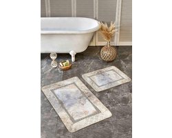 Badmat antislip 2 stuk set - 60x100 & 50x60 - Wc mat - Antislip Douchemat - Wit marmerpatroon met gouden frame