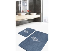 Badmat antislip 2 stuk set - 60x100 & 50x60 - Wc mat - Toiletmat - Antislip Douchemat - Bladeren op donkerblauw -Vloerkleed