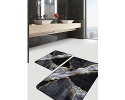 Badmat antislip 2 stuk set - 60x100 & 50x60 - Wc mat - Toiletmat - Antislip Douchemat - Zwarte marmer patroon