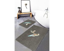 Badmat antislip 2 stuk set - 60x100 & 50x60 - Wc mat - Toiletmat - Blauw&Bruin veren - Vloerkleed