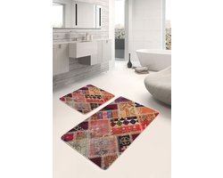 Badmat antislip 2 stuk set - 60x100 & 50x60 - Wc mat - Toiletmat - Zacht - Patchwork patroon - Badkamermat voor badkamer